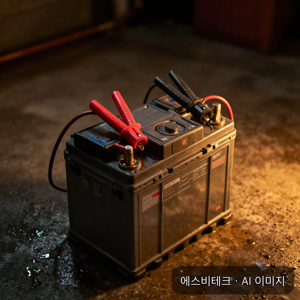 어두운 정비 공간에서 12V 자동차 배터리 단자에 물린 빨강 검정 멀티미터 클립과 주황색 작업등 조명