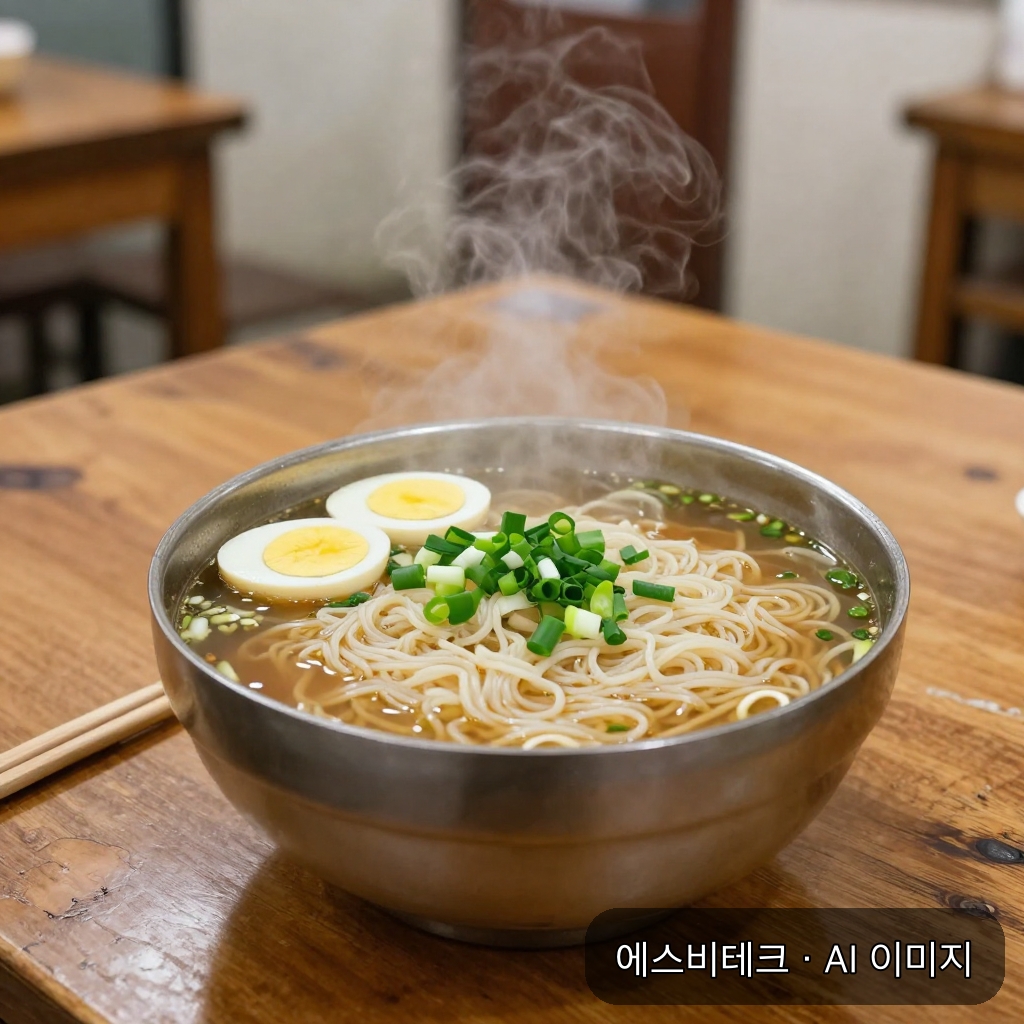 낡은 나무 테이블 위의 칼국수 한 그릇