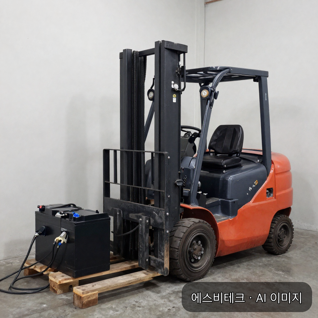 창고 한쪽 목재 파레트 위에 올려진 검은 산업용 납축 지게차 배터리와 옆에 놓인 굵은 케이블의 충전기