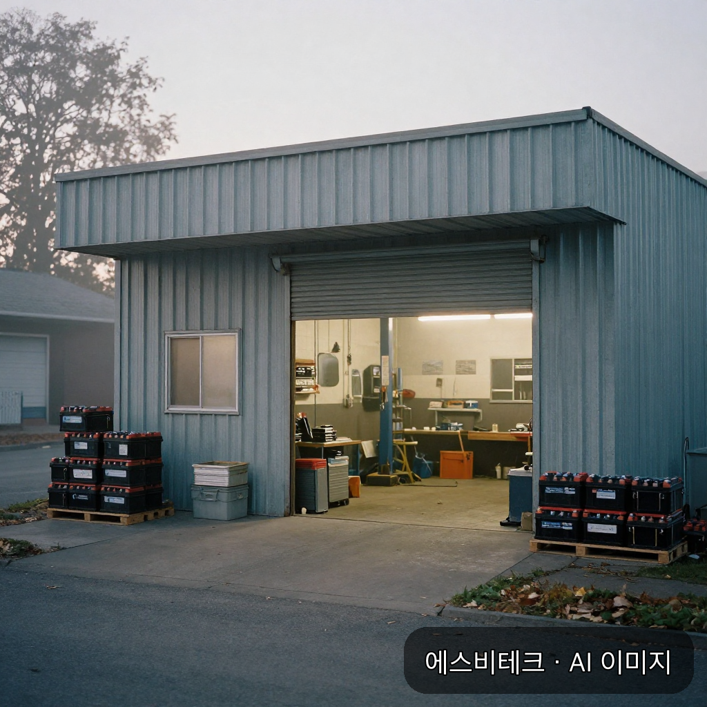 월요일 이른 아침 반쯤 열린 셔터 앞의 배터리 가게