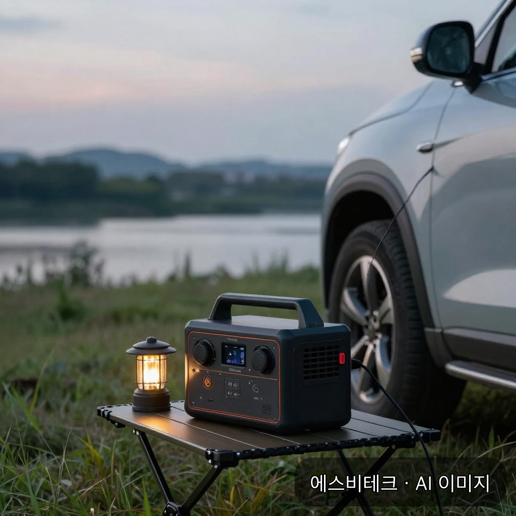 차 옆에 둔 차박용 보조 배터리