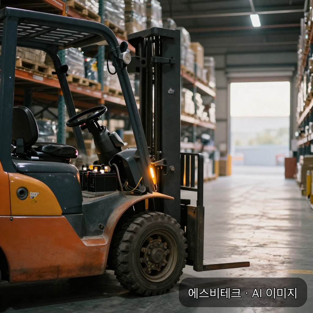 창고 안에서 충전 중인 지게차 배터리