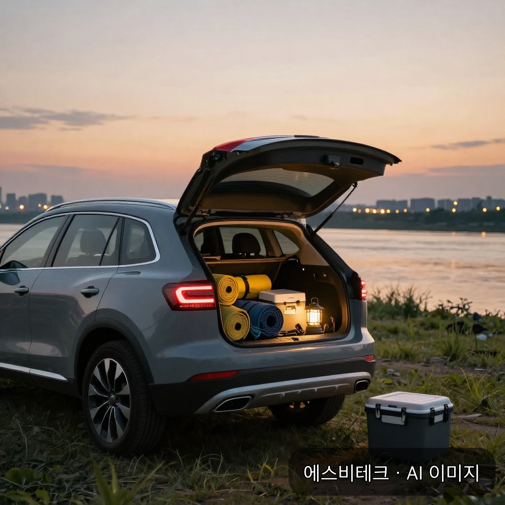 한강가에 멈춰 차박 짐을 싣고 있는 SUV