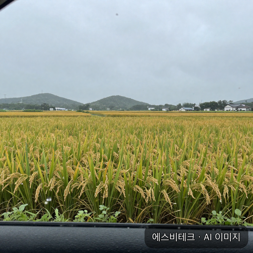 빗방울이 맺힌 자동차 앞유리 너머로 보이는 늦여름 김포의 논과 회색 하늘