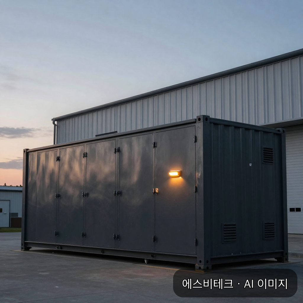 창고 옆에 세워진 대형 ESS 배터리 컨테이너