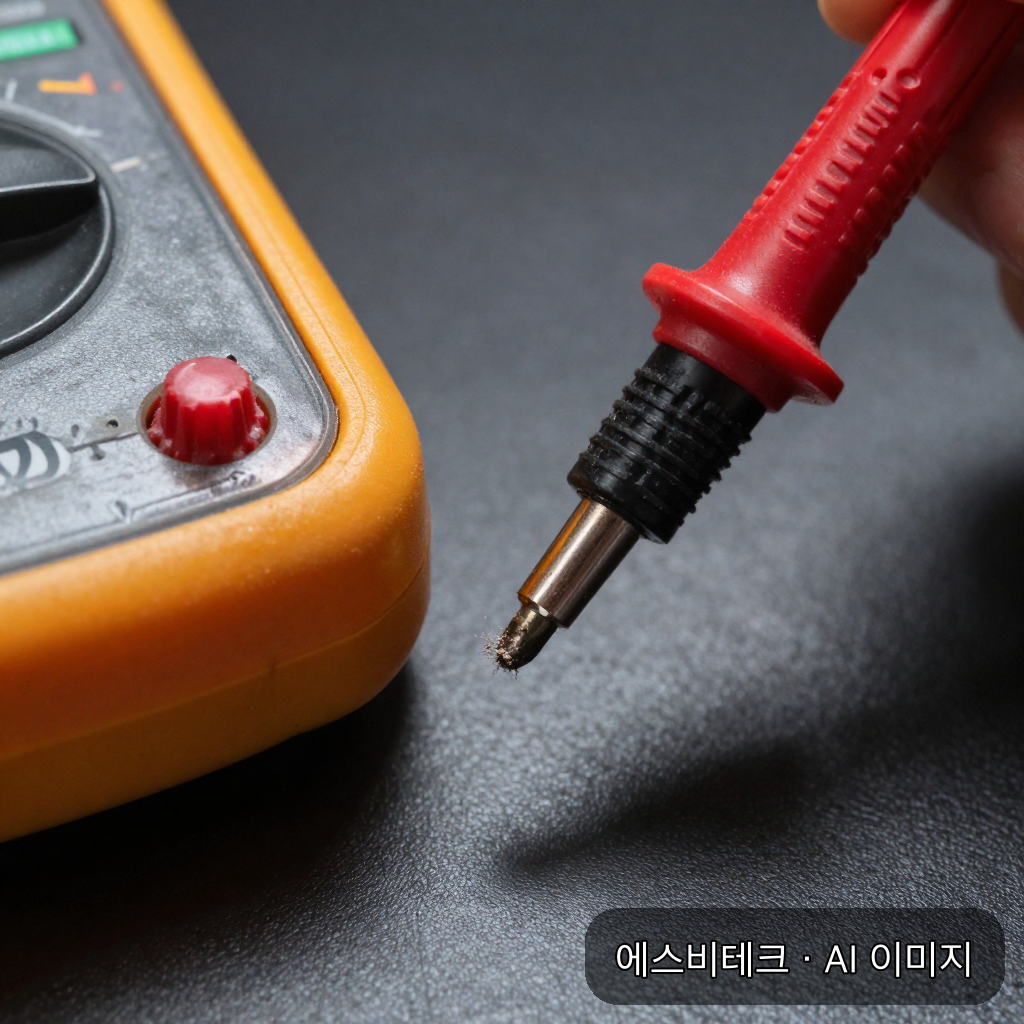 테스터기 프로브가 배터리 단자에 닿는 순간의 접사