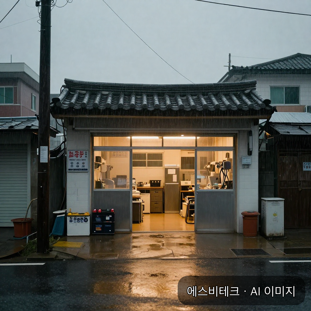 폭우가 내리는 월요일 아침, 젖은 아스팔트 웅덩이에 가게 안 주황빛 조명을 비추는 김포의 작은 배터리 가게 입구