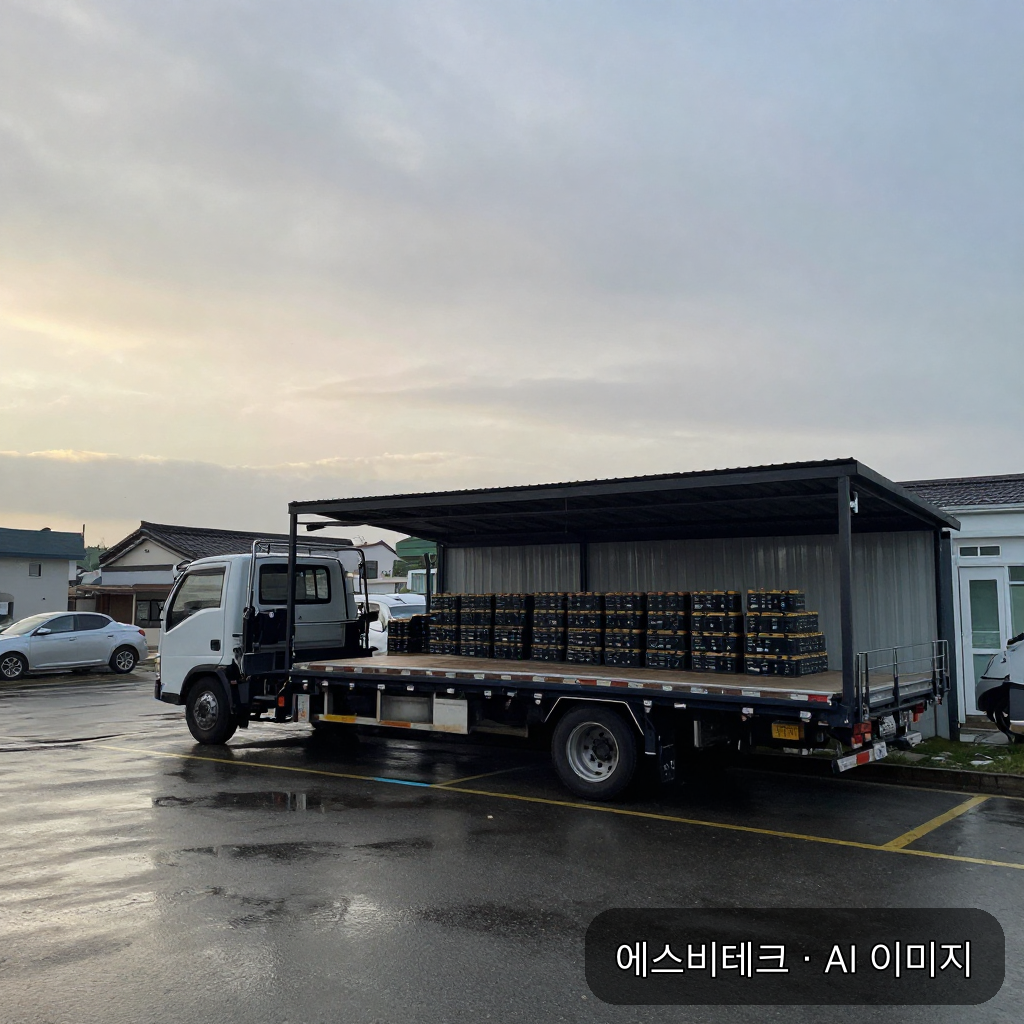비 갠 저녁 차량 야적장과 쉼터에 쌓인 배터리