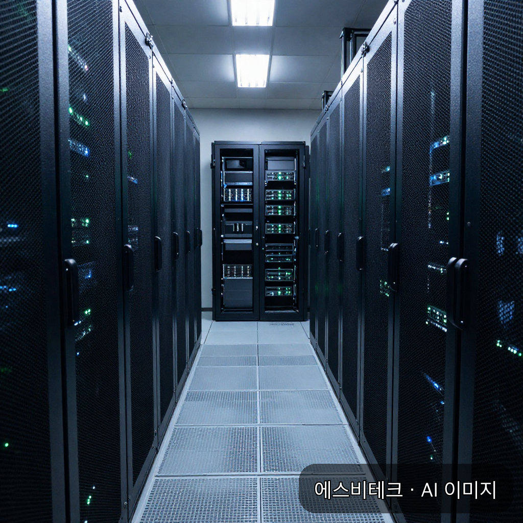 어두운 데이터센터 통로에 늘어선 서버 랙