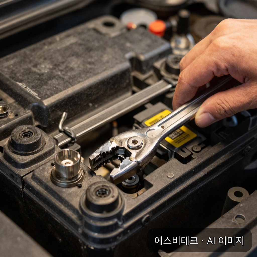 자동차 배터리 단자 클로즈업, 스패너와 솔 헝겊이 놓여 있고 단자 클램프를 살짝 들어올리는 장면