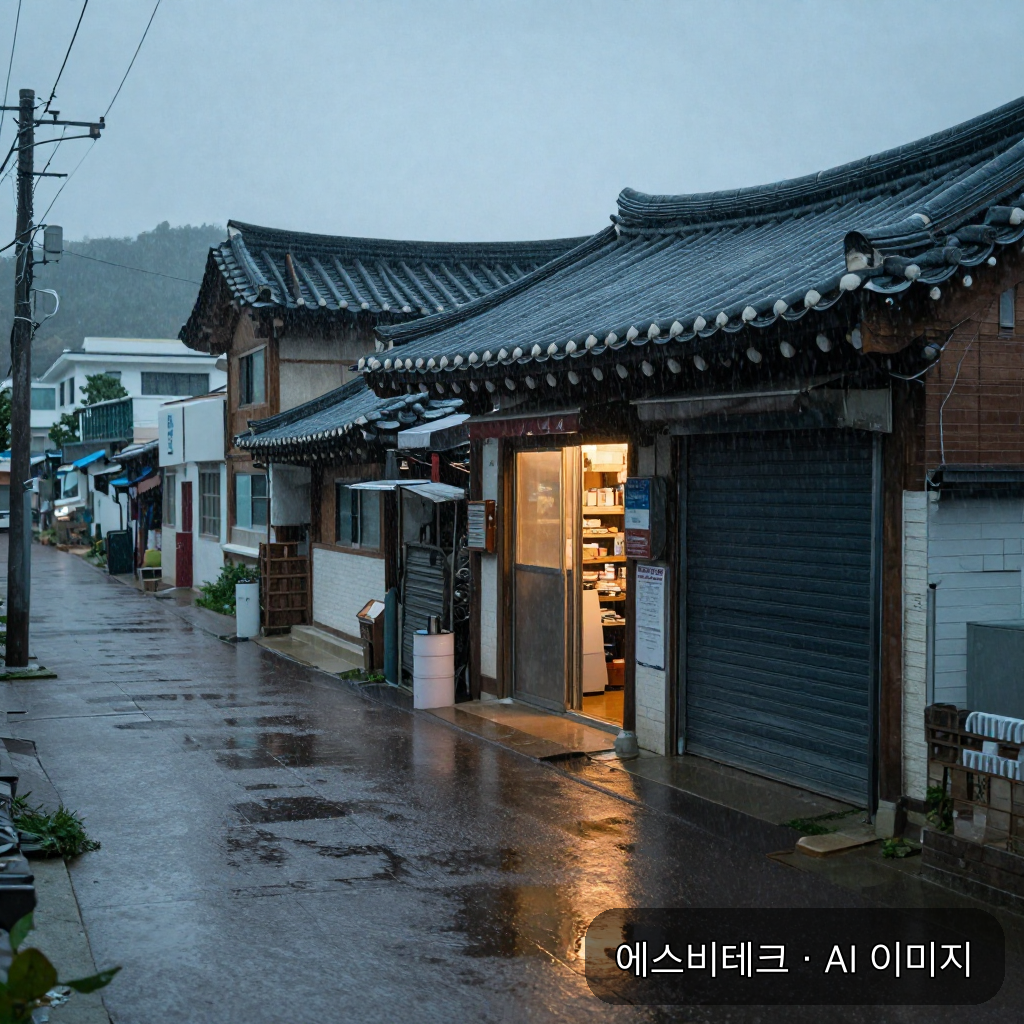 아침 비가 내리는 젖은 골목과 반쯤 열린 가게 셔터