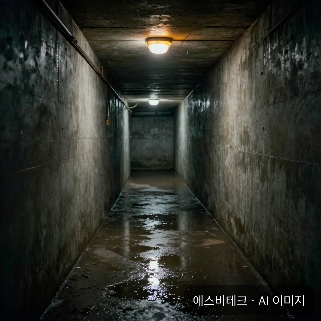콘크리트 지하 복도 바닥에 얇게 고인 물이 벽면의 주황색 비상등을 비추는 조용한 공장 지하