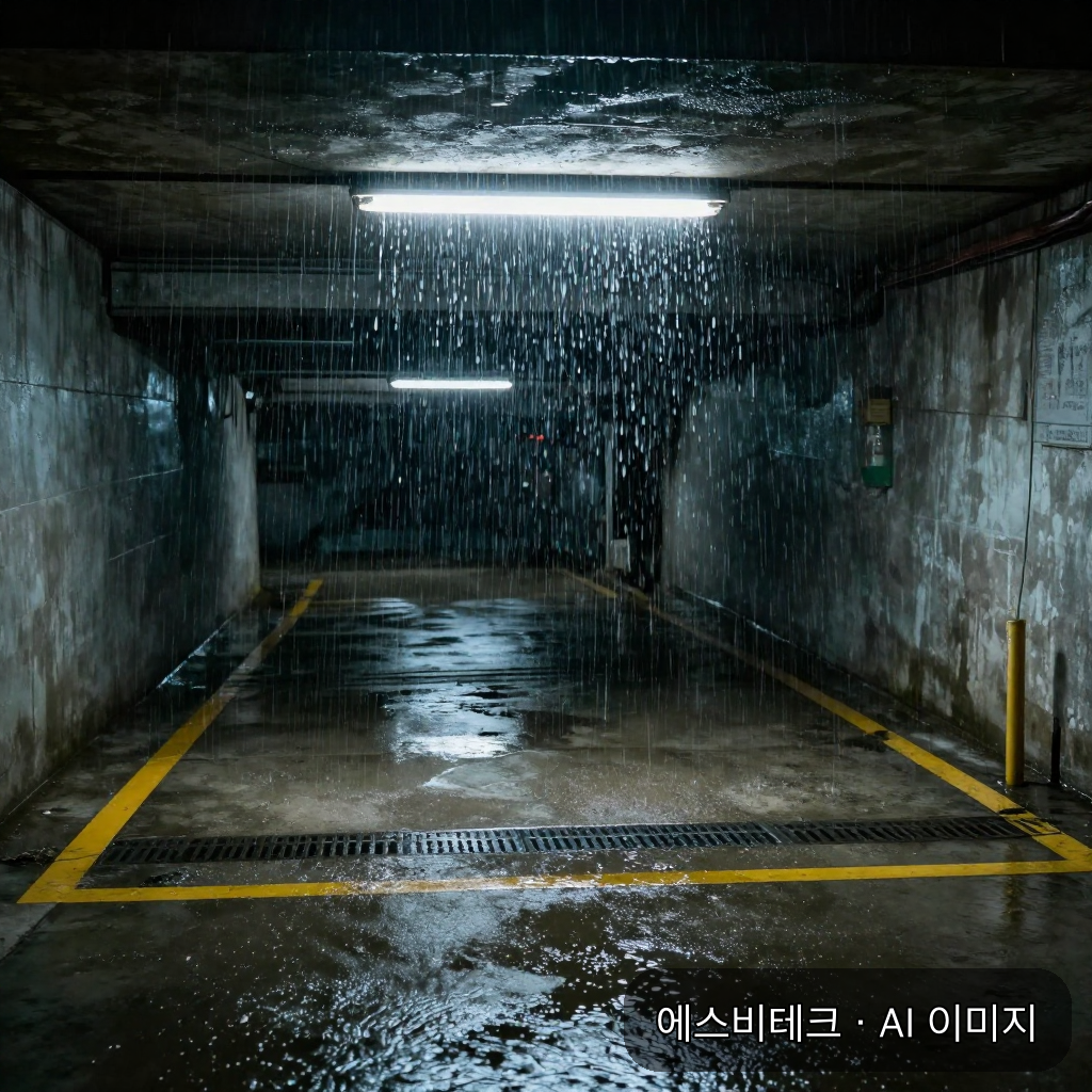 폭우가 내리는 주차장 램프로 빗물이 흘러내려 콘크리트 바닥에 고인 흐릿한 지하 공간