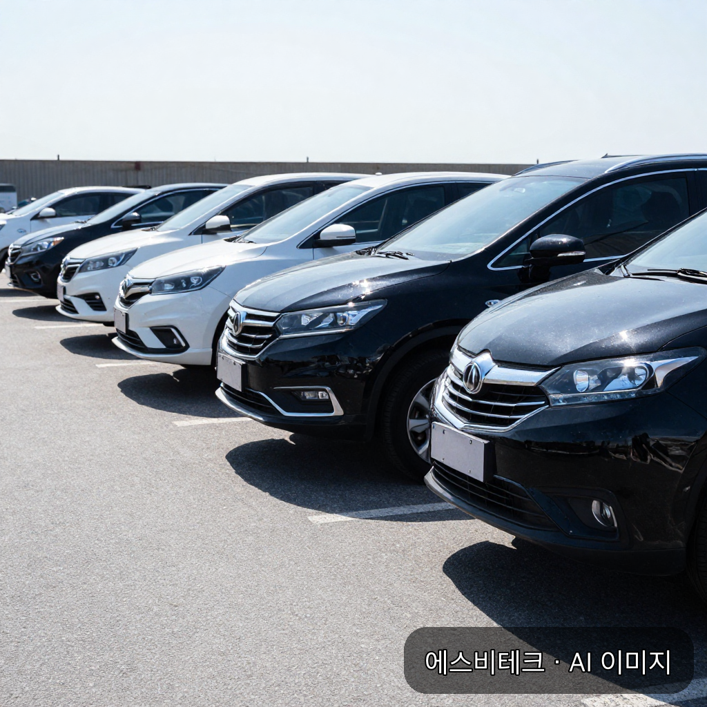 한여름 정오의 야외 주차장, 아스팔트 위로 아지랑이가 피어오르는 장면