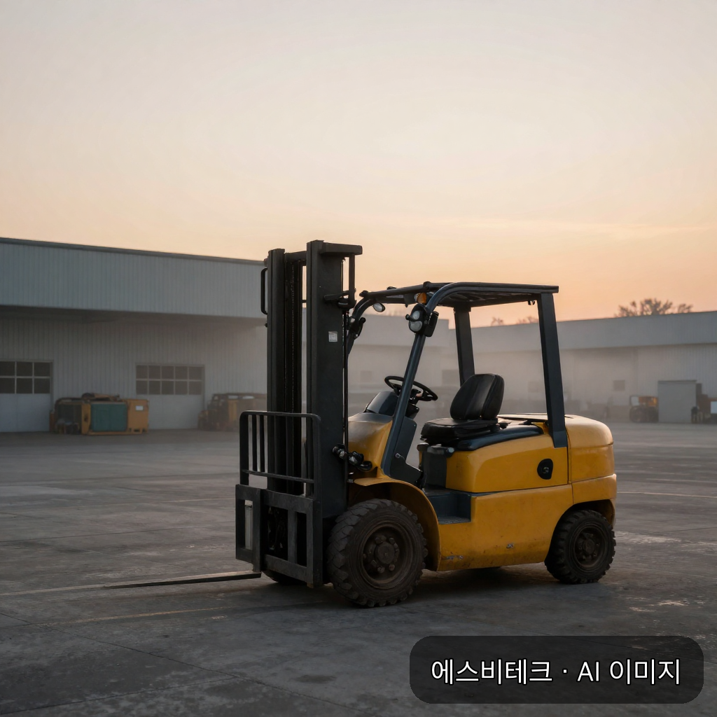이른 아침 물류창고 마당에 서 있는 노란 전동 지게차